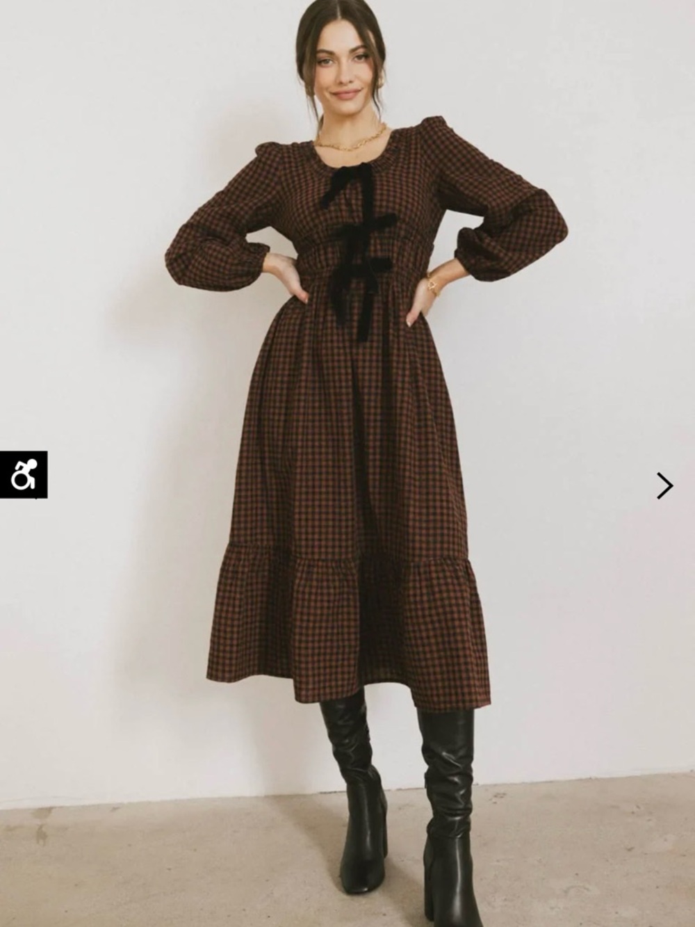 bohme Brown and Black Checked Long Sleeve Midi Dress with Velvet Bows